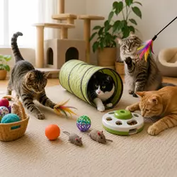 Gatos jugando con juguetes interactivos para gatos en casa, incluyendo túnel 
                          para gatos, caña con plumas, pelotas ligeras y dispensador de comida en un 
                          salón moderno y acogedor.