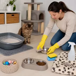 Limpieza e higiene para gatos en casa con arenero, comederos, bebederos, mantas 
                          y juguetes limpios, ideal para consejos de cuidado de mascotas y prevención de 
                          enfermedades felinas.