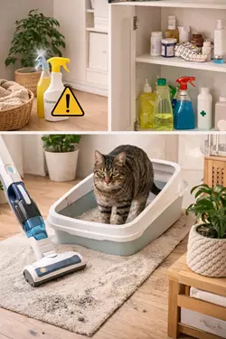 limpieza e higiene en hogar con gatos uso de productos seguros y aspirado de arena 
                       del arenero prevención de olores y riesgos para gatos domésticos cuidado seguro del 
                       entorno felino en casa