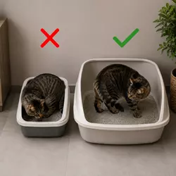 Comparativa entre un arenero pequeño y uno grande para gatos, mostrando el 
                          tamaño ideal para que el gato pueda girarse cómodamente y evitar estrés o 
                          rechazo de la bandeja sanitaria.