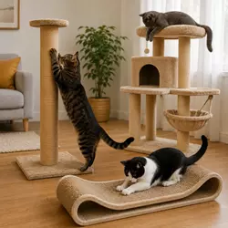 Gatos usando rascadores verticales, horizontales y árbol felino grande en casa 
                          para afilar uñas, jugar y reducir estrés de forma natural.