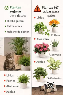plantas seguras y tóxicas para gatos en casa guía con hierba gatera palma areca 
                       helecho boston y plantas peligrosas como lirios aloe vera pothos azalea cuidado 
                       y prevención para gatos domésticos