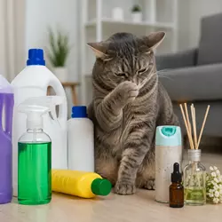 Gato doméstico rodeado de productos de limpieza, ambientadores y aceites 
                          esenciales en casa, ilustrando sustancias tóxicas y olores fuertes peligrosos 
                          para gatos y mascotas.