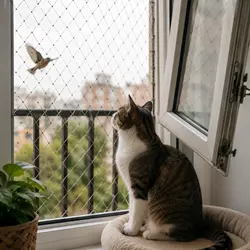 Gato doméstico observando por una ventana con red de protección para gatos en 
                          balcón seguro, ideal para prevenir caídas y accidentes en hogares con mascotas.