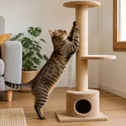 Gato doméstico usando rascador vertical y árbol felino para afilar uñas, 
                          reducir estrés y estimular el comportamiento natural en casa.
