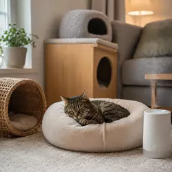gato relajado descansando en cama cómoda con escondites seguros y ambiente 
                           tranquilo ideal para reducir estrés y ansiedad en gatos domésticos
