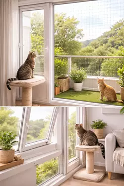 seguridad para gatos en ventanas y balcón con protección y mallas gato observando 
                       exterior desde rascador prevención de caídas y bienestar felino en casa espacios 
                       seguros para gatos domésticos