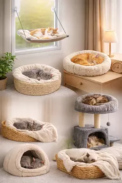 zona de descanso para gatos con camas cómodas y acogedoras en interiores espacios 
                       adaptados para felinos domésticos ideales para dormir relajarse y mejorar el 
                       bienestar del gato en casa