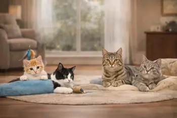 Cuatro gatitos de diferentes razas 
               descansando sobre una alfombra en casa, ilustrando cómo elegir el gato ideal para 
               adoptar según su personalidad y convivencia