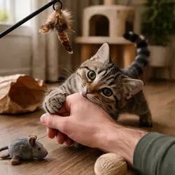 gatito jugando mordiendo la mano comportamiento felino durante el juego instinto 
                          de caza en gatos jóvenes cómo evitar que el gato muerda al jugar en casa