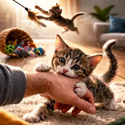 gatito mordiendo la mano mientras juega comportamiento felino por instinto de caza 
                          en gatos jóvenes causas de mordidas jugando y cómo evitar que el gato muerda en 
                          casa