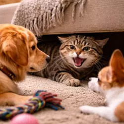 gato agresivo por falta de socialización gruñendo a perro y otro gato 
                          comportamiento felino territorial causas de agresividad en gatos domésticos y 
                          cómo mejorar la convivencia entre mascotas