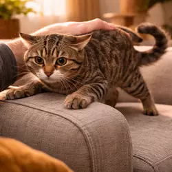 gato mostrando señales antes de morder lenguaje corporal felino con orejas hacia 
                          atrás y tensión cómo identificar advertencias de mordida en gatos y evitar 
                          ataques en casa