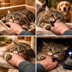 gato estresado mordiendo la mano comportamiento felino por ansiedad o miedo 
                          señales de estrés en gatos domésticos causas de mordidas y cómo reducir el 
                          estrés en casa