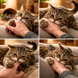 gato mordiendo la mano como forma de comunicación lenguaje corporal felino 
                          señales de aviso durante caricias o juego cómo entender por qué tu gato muerde y 
                          evitar problemas en casa
