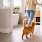 Gato acompañando a su dueña al baño