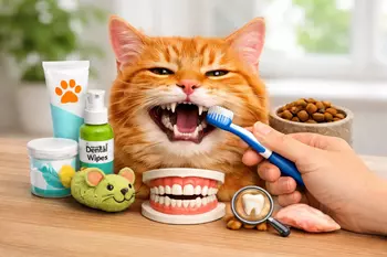Limpieza dental en gatos: gato naranja 
                mientras le cepillan los dientes con productos de higiene bucal y alimentación 
                felina