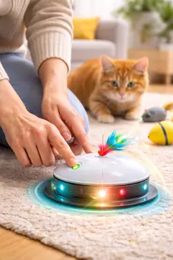 persona activando juguete automatico para gatos juego interactivo con plumas estimulación 
                       mental felina ejercicio y entretenimiento en casa