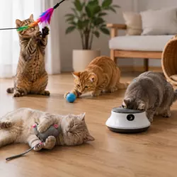Gatos jugando con juguetes interactivos y automáticos en casa para estimulación 
                          mental, ejercicio físico, entretenimiento diario y bienestar emocional felino.