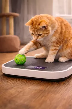 gato jugando con pelota sobre bascula control de peso gato ejercicio felino en casa salud y 
                       actividad para gatos