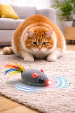 Gato con sobrepeso jugando con ratón automático