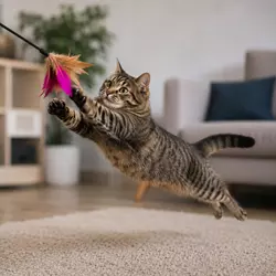 Gato saltando y persiguiendo una varita con plumas, ideal para ejercicio físico,
                          diversión y estimulación en interiores.