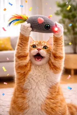 gato levantando raton de juguete como trofeo juego de caza para gatos instinto cazador felino 
                       diversión y estimulación mental en casa