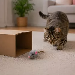 Gato persiguiendo ratón de juguete escondido entre cajas, ideal para estimular 
                          instinto de caza, inteligencia y entretenimiento felino.