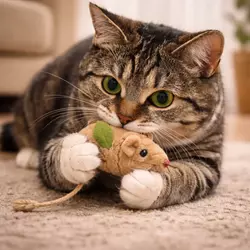 gato cazando raton de juguete con las patas instinto cazador felino juego interactivo para gatos 
                       estimulación mental en casa