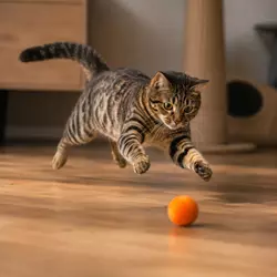 Gato corriendo y saltando detrás de una pelota interactiva, realizando 
                          ejercicio físico, persecuciones y movimientos rápidos en casa.