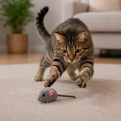 Gato jugando y haciendo ejercicio con ratón de juguete interactivo, mejorando 
                          reflejos, fuerza y actividad física felina en casa.