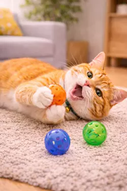 Gato jugando con pelotas pequeñas
