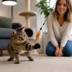 Gato doméstico jugando con juguete interactivo en casa junto a su dueña 
                          para reducir estrés, ansiedad y aburrimiento.