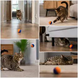 Gato persiguiendo pelota interactiva por el pasillo de casa, estimulando 
                          reflejos, ejercicio y juego natural felino diario.