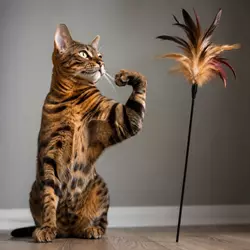 Gato enseñandi el músculo que hace jugando con plumas