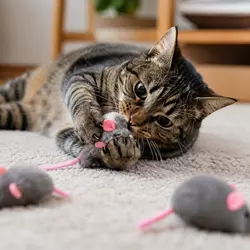 Gato doméstico jugando con ratones de peluche en casa