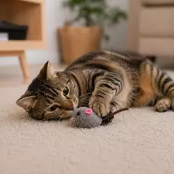 Gato entreteniéndose solo con juguete interactivo en casa, ideal para 
                          fomentar independencia y reducir aburrimiento felino diario.