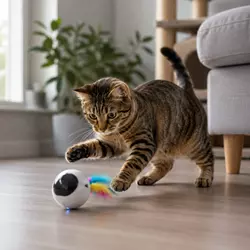 Gato atento jugando con juguete automático interactivo, ideal para 
                          estimulación mental, entretenimiento y actividad diaria en gatos 
                          domésticos.