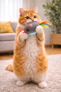 gato mordiendo raton de juguete automatico instinto cazador felino juego interactivo para gatos 
                       estimulación mental y diversión en casa