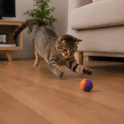 Gato corriendo detrás de una pelota interactiva en casa, estimulando reflejos, 
                          ejercicio y comportamiento natural de caza felina.