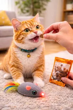 Gato recibiendo premmio después de jugar