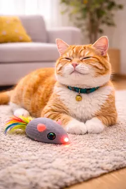 gato relajado despues de jugar con raton de juguete automatico bienestar felino descanso tras 
                       ejercicio juego interactivo para gatos en casa