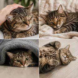 Gato tranquilo y relajado descansando después de jugar, mostrando bienestar 
                          felino, menos ansiedad y un sueño profundo en casa.