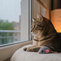 Gato tranquilo junto a ratón de juguete interactivo, ideal para reducir 
                          ansiedad, estrés y aburrimiento en gatos que pasan tiempo solos.