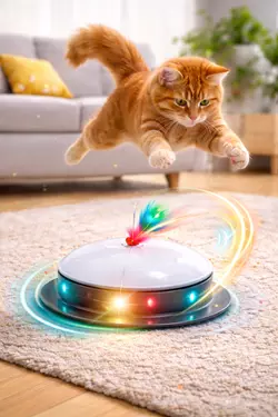 gato saltando sobre juguete automatico para gatos juego interactivo con plumas estimulación 
                       mental felina ejercicio y diversión en casa