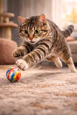 gato saltando para atrapar pelota juego activo para gatos ejercicio felino en casa 
                       estimulación mental y física diversión