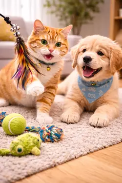 gato y perro jugando juntos en casa juguetes para mascotas convivencia entre gato y perro 
                       juego interactivo y diversión