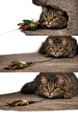 gato al acecho cazando juguete de plumas instinto de caza felino juegos interactivos para gatos 
                       estimulación mental y física