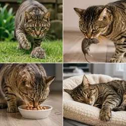 Gato doméstico siguiendo su instinto natural de cazar, atrapar, comer y 
                          descansar después del juego, en un entorno hogareño y relajado.