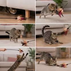 Gato cazando juguete de plumas con movimientos naturales y persecución real, 
                          ideal para estimulación mental y juego interactivo felino.